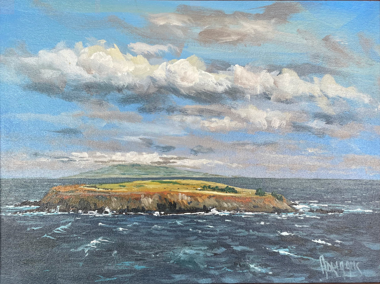 In 2016 I bought a van to use as a movable studio. On one very windy day we drove to Topo. I painted the island from the van, with the easel inside to stay out of the wind. 