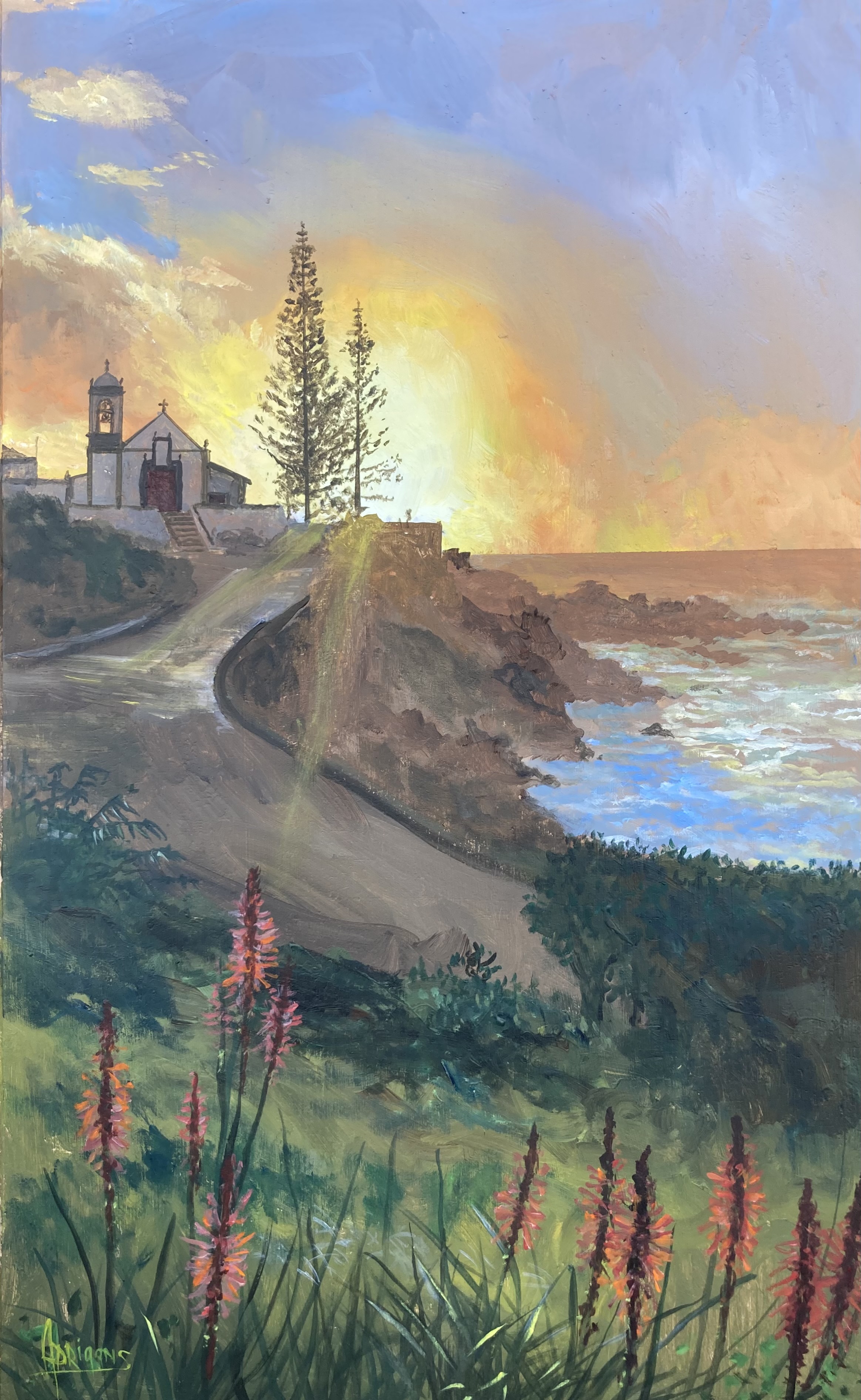  Sunrise over Santa Barbara church with blooming aloe vera