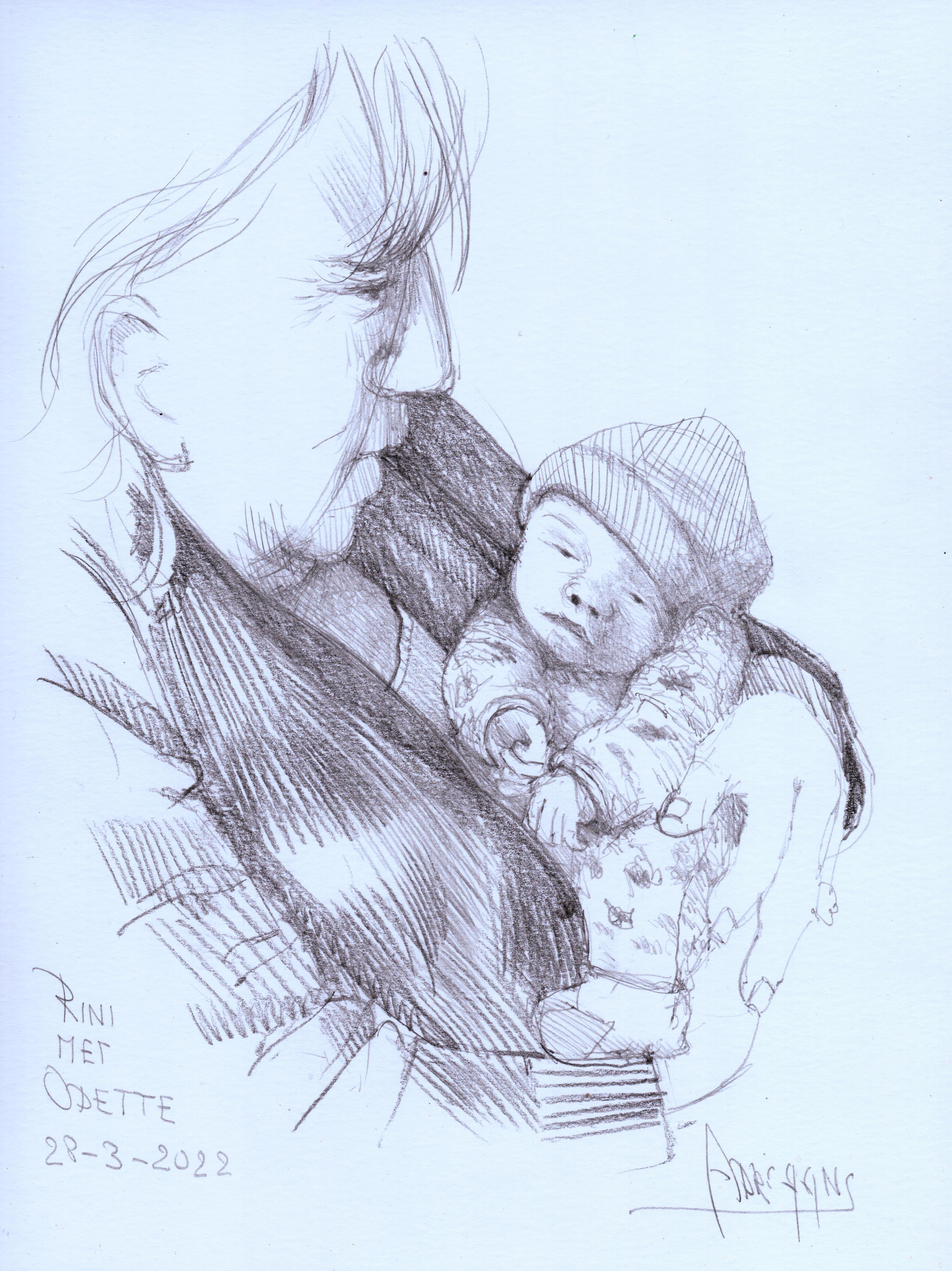 Pencil on paper 
On 23-3-2022 our granddaughter Odette was born. Shortly after that we visited the family in Montpellier and of course I had to make some sketches. 