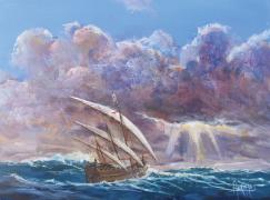 Portuguese Caravela sailing into a storm 